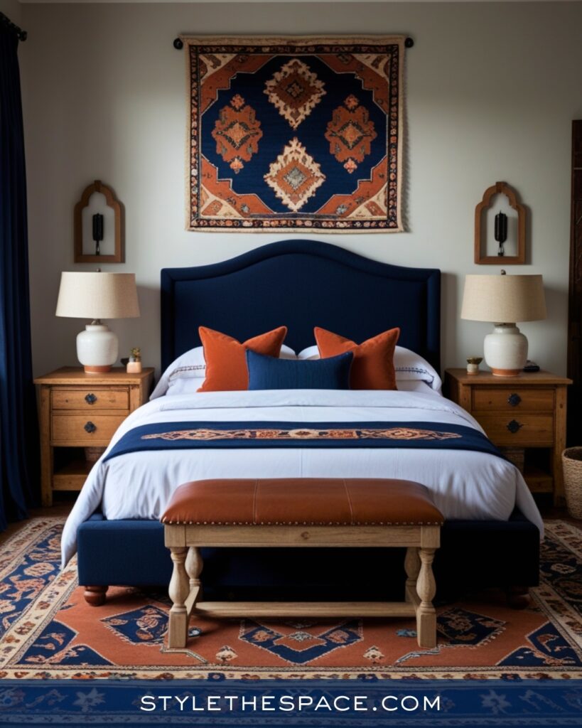 Navy Blue Bedroom with Warm Rust and Wood Accents