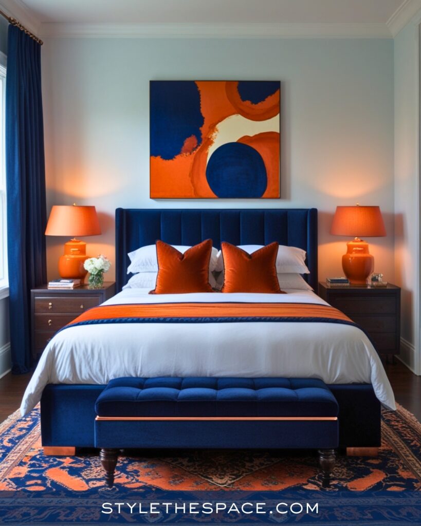 Navy Blue Bedroom with Burnt Orange Accents