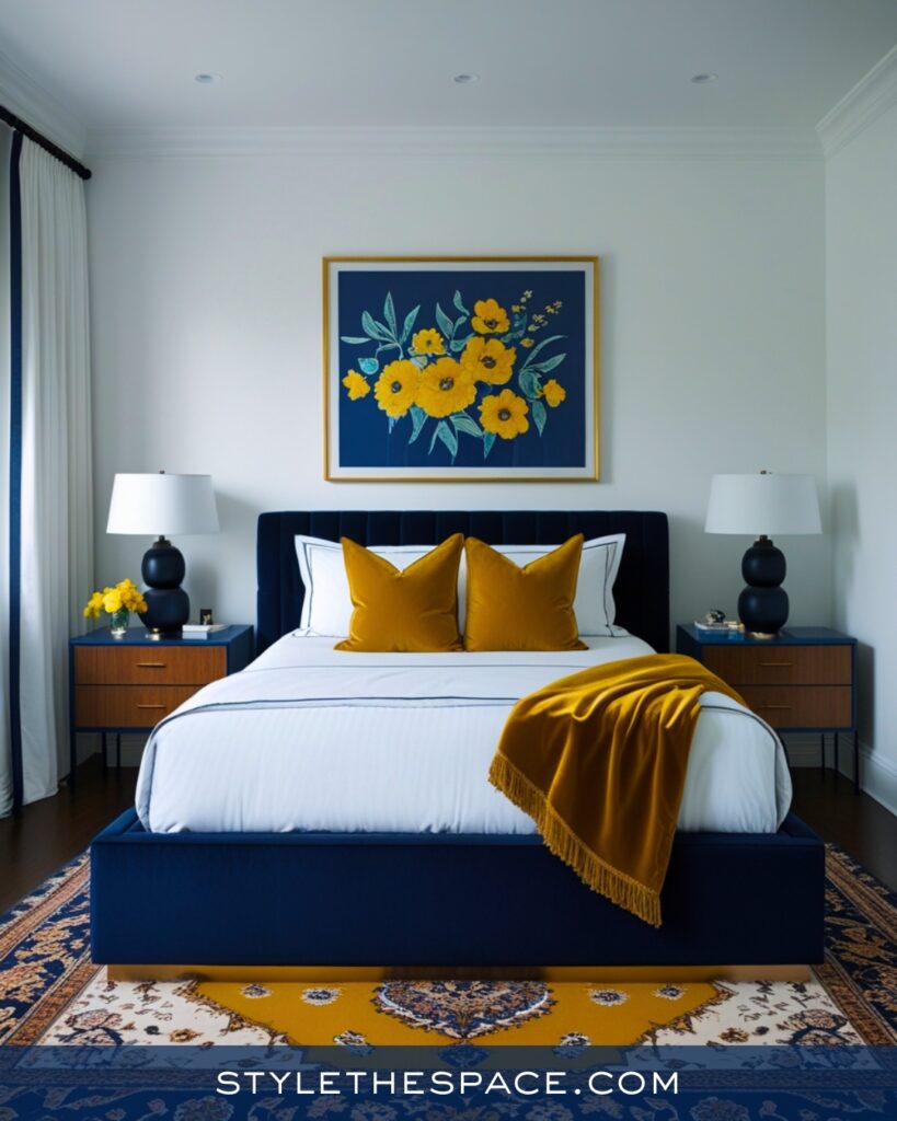 Navy Blue Bedroom with Mustard Yellow Accents