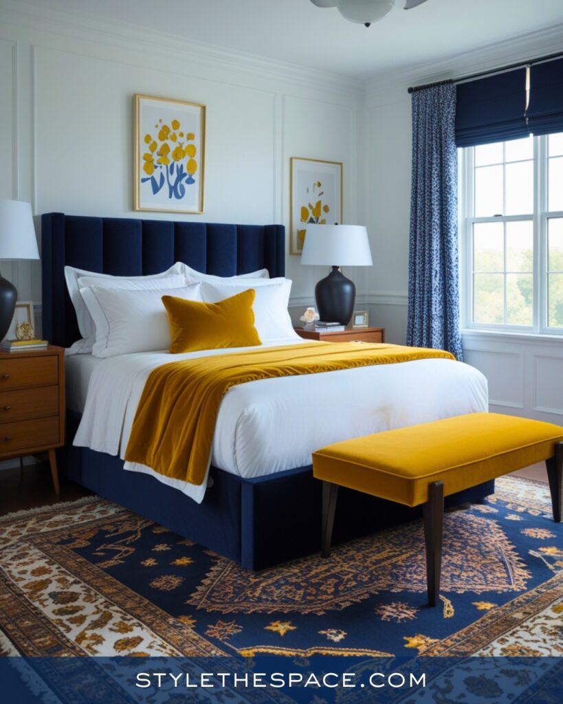 Navy Blue Bedroom with Mustard Yellow Accents
