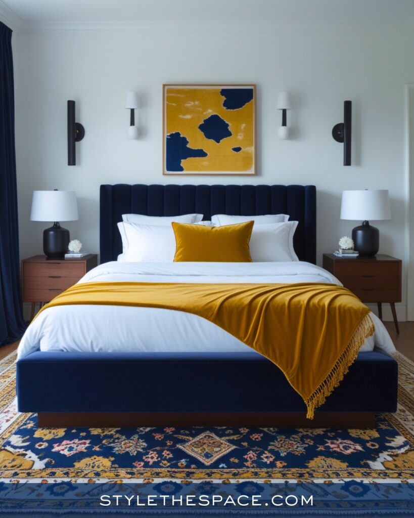 Navy Blue Bedroom with Mustard Yellow Accents