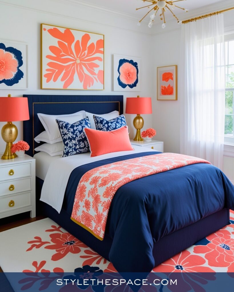 Navy Blue Bedroom with Coral Pink Accents