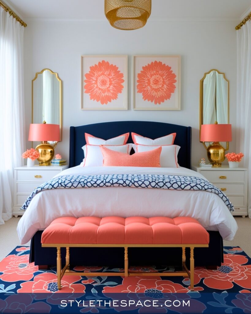 Navy Blue Bedroom with Coral Pink Accents