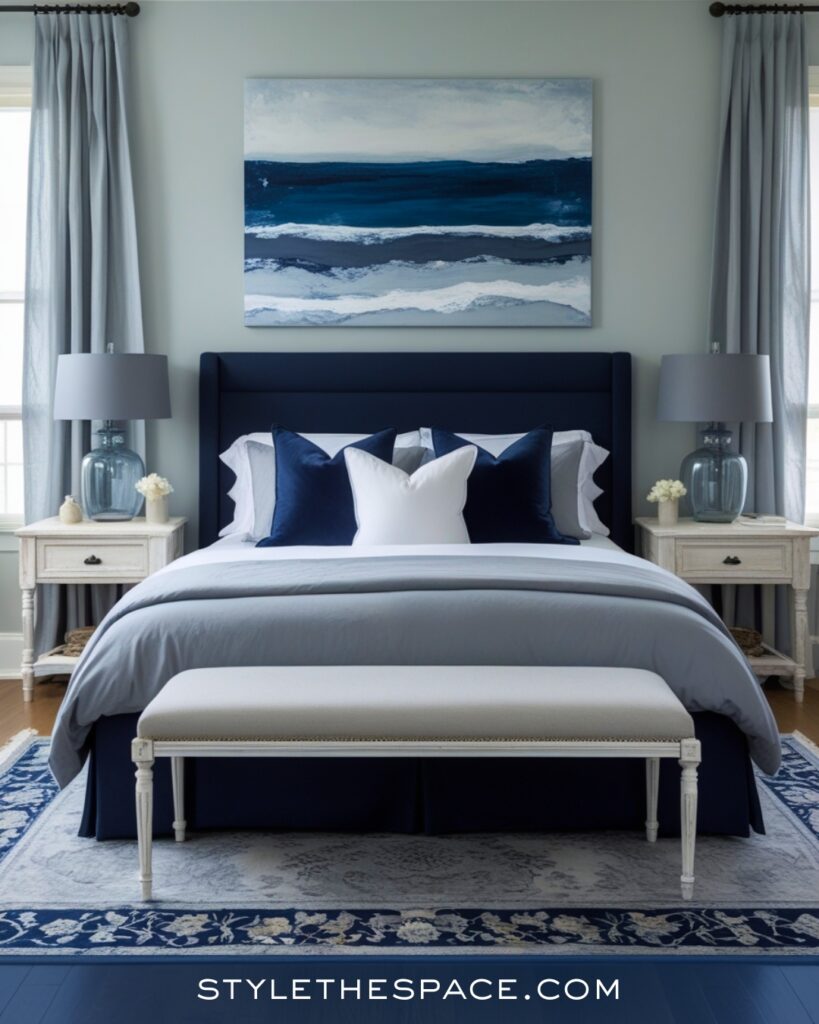 Serene Navy Blue Bedroom with Soft Gray Tones
