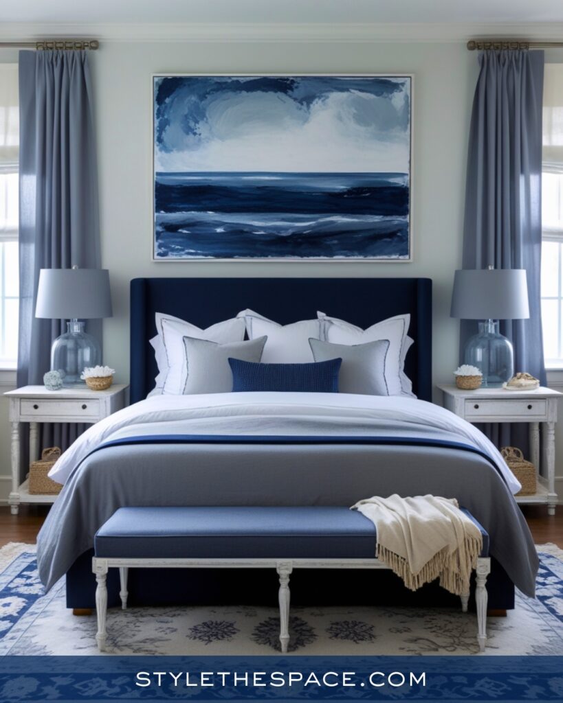Serene Navy Blue Bedroom with Soft Gray Tones