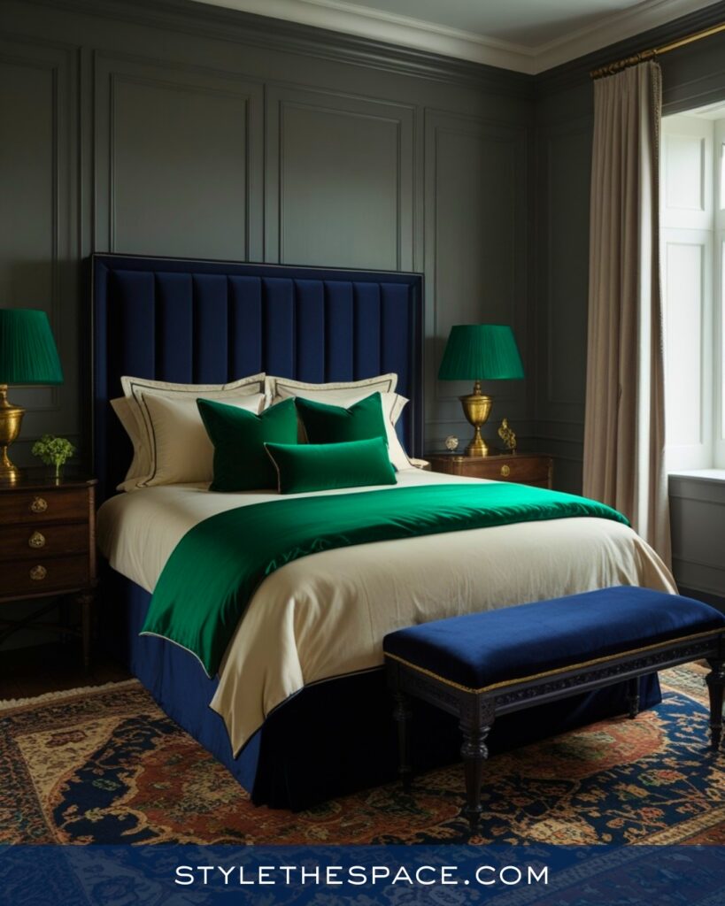 Moody Navy Blue Bedroom with Emerald Green Accents
