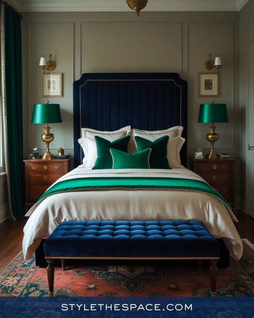 Moody Navy Blue Bedroom with Emerald Green Accents