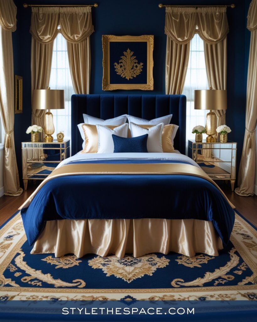 Luxurious Navy Blue Bedroom with Gold and Champagne Accents
