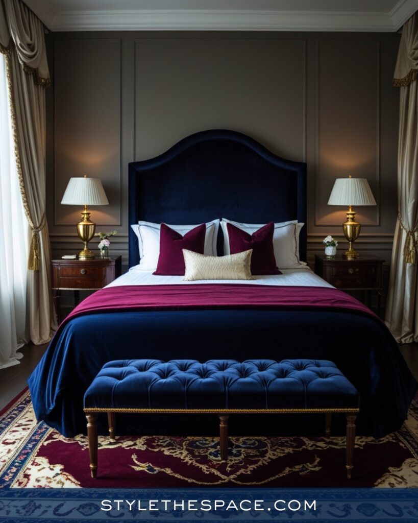 Elegant Navy Blue Bedroom with Plum and Warm Neutrals