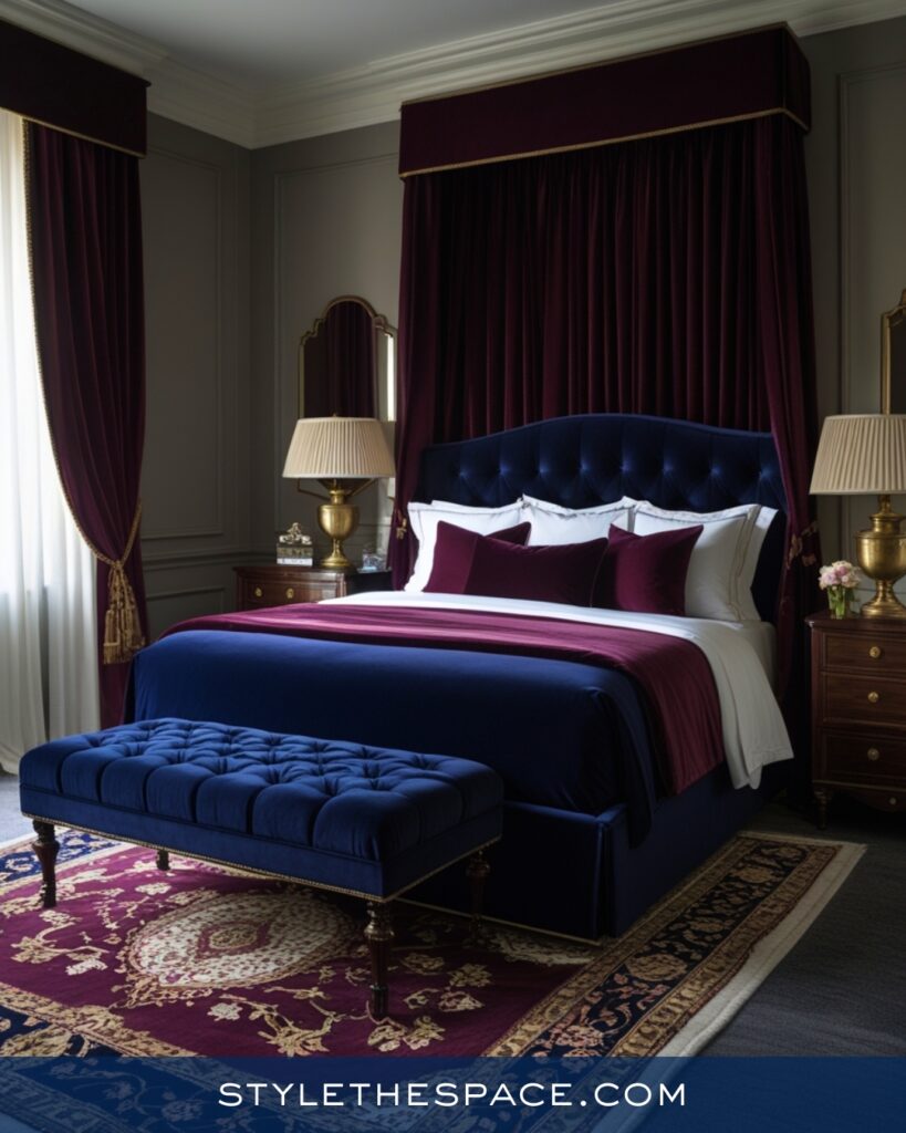 Elegant Navy Blue Bedroom with Plum and Warm Neutrals