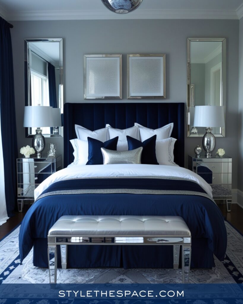 Modern Navy Blue Bedroom with Silver and Gray Accents