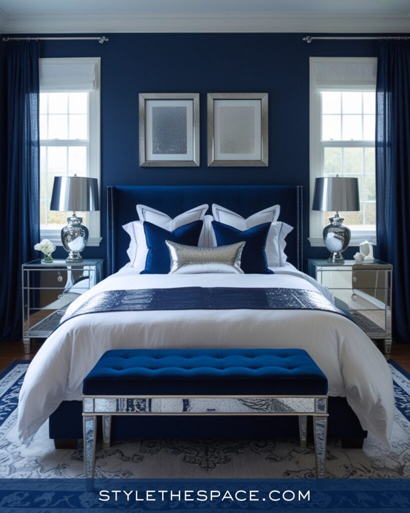 Modern Navy Blue Bedroom with Silver and Gray Accents