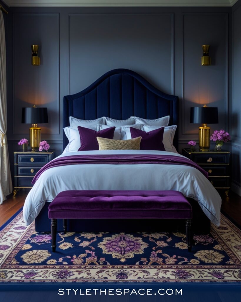 Navy Blue Bedroom with Plum and Gold Accents