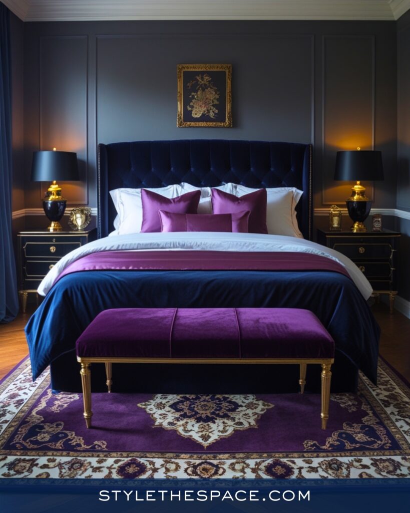 Navy Blue Bedroom with Plum and Gold Accents