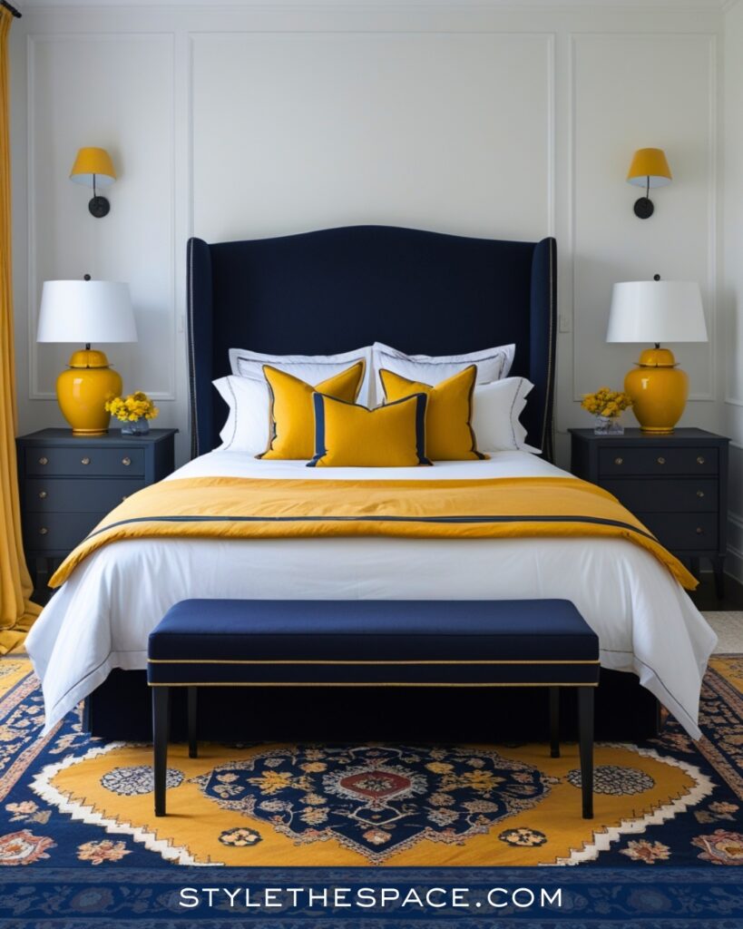 Navy Blue Bedroom with Mustard Yellow Accents