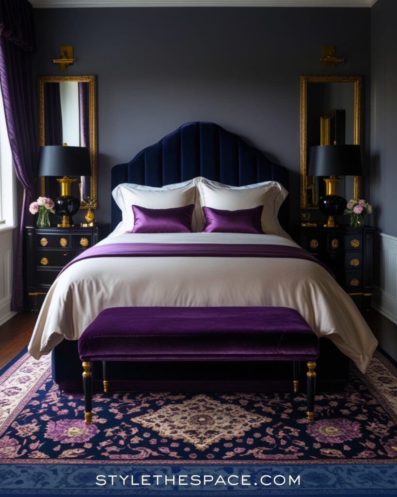 Navy Blue Bedroom with Plum and Gold Accents