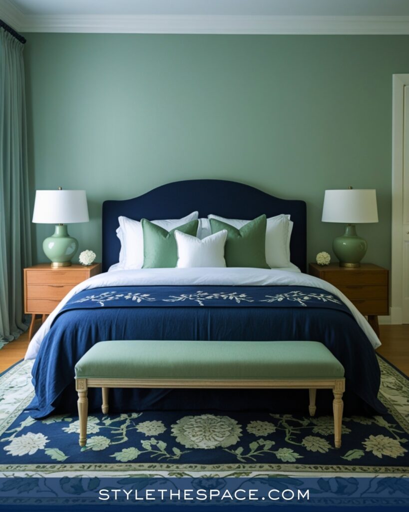 Navy Blue Bedroom with Soft Sage Green Accents