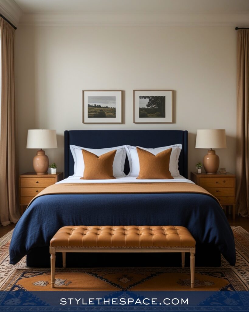 Navy Blue Bedroom with Warm Camel and Neutral Tones