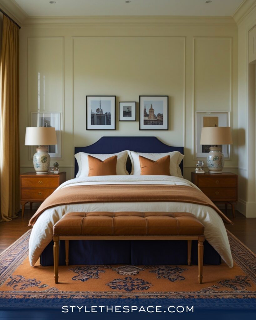 Navy Blue Bedroom with Warm Camel and Neutral Tones