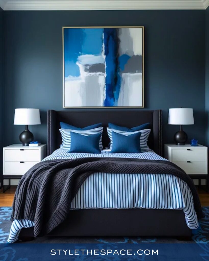 Modern Navy Blue Bedroom with Cool Blue Layers