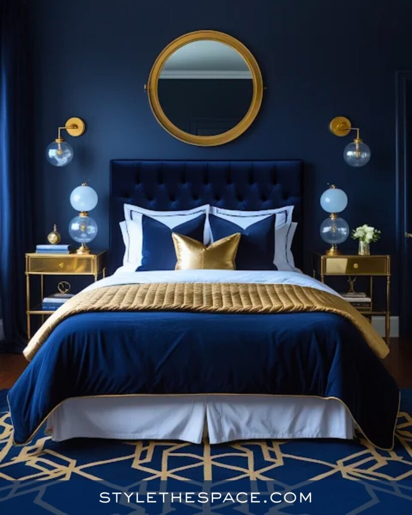 Luxury Navy Blue Bedroom with Gold Accents