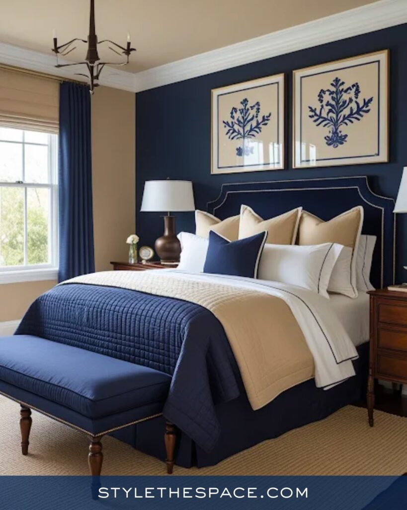 Timeless Navy Blue Bedroom with Warm Neutrals