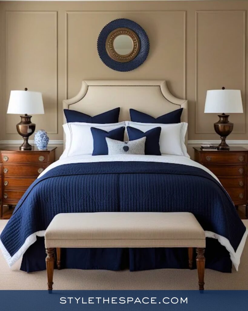 Timeless Navy Blue Bedroom with Warm Neutrals