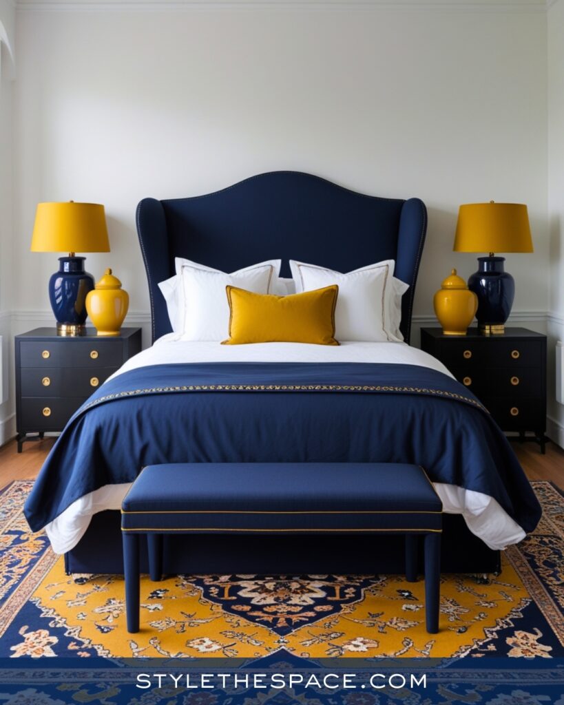 Navy Blue Bedroom with Mustard Yellow Accents