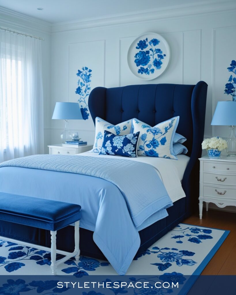Fresh Navy Blue Bedroom with Soft Blue Florals
