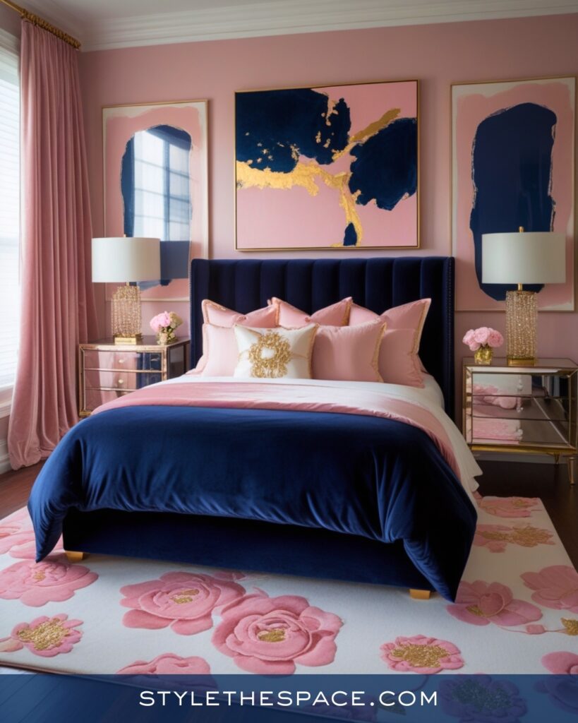 Navy Blue Bedroom with Blush Pink and Gold Accents