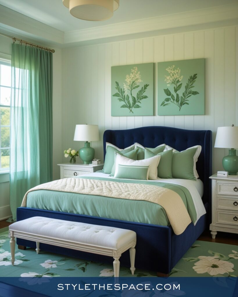 Navy Blue Bedroom with Soft Sage Green Accents