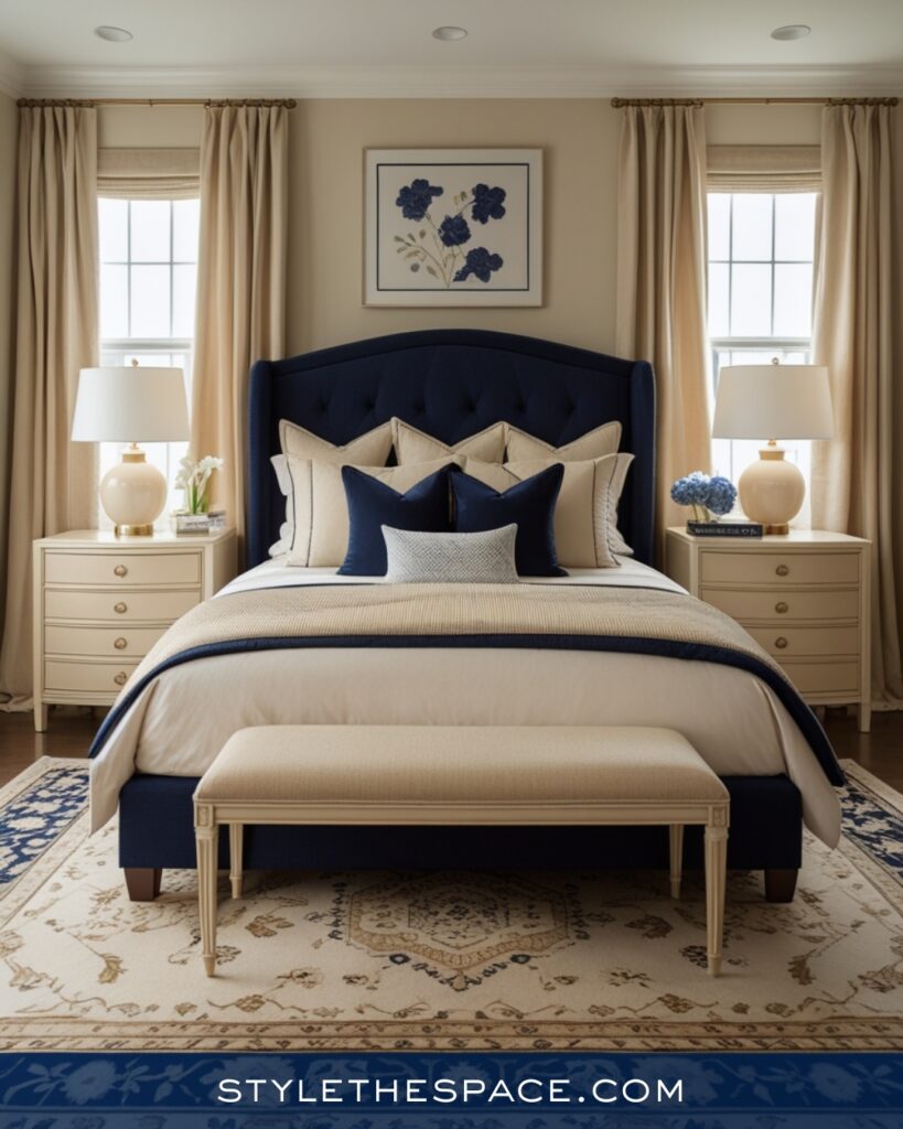 Navy Blue Bedroom with Warm Neutrals