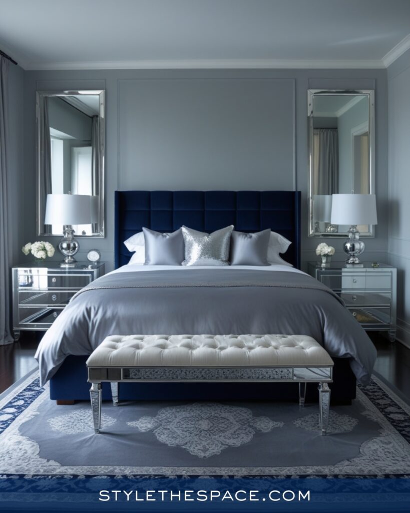 Navy Blue Bedroom with Soft Gray and Silver Accents