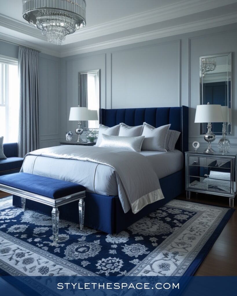 Navy Blue Bedroom with Soft Gray and Silver Accents