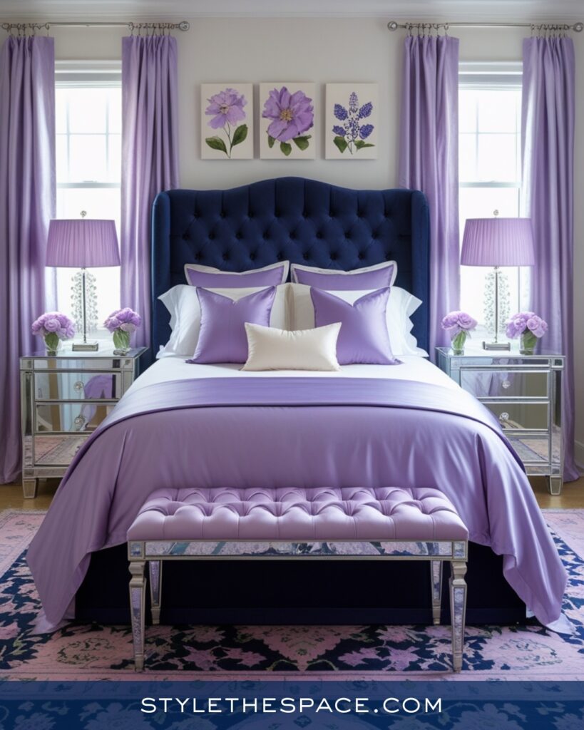 Navy Blue Bedroom with Soft Lavender Accents