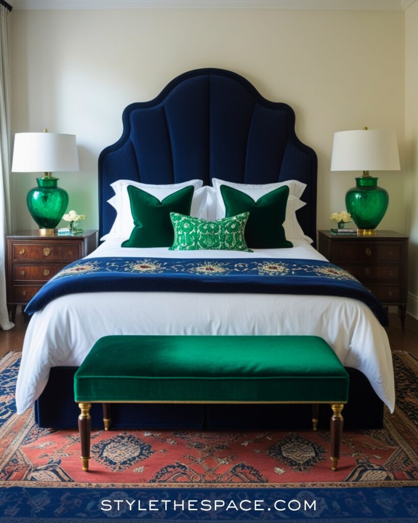 Navy Blue Bedroom with Emerald Green Accents