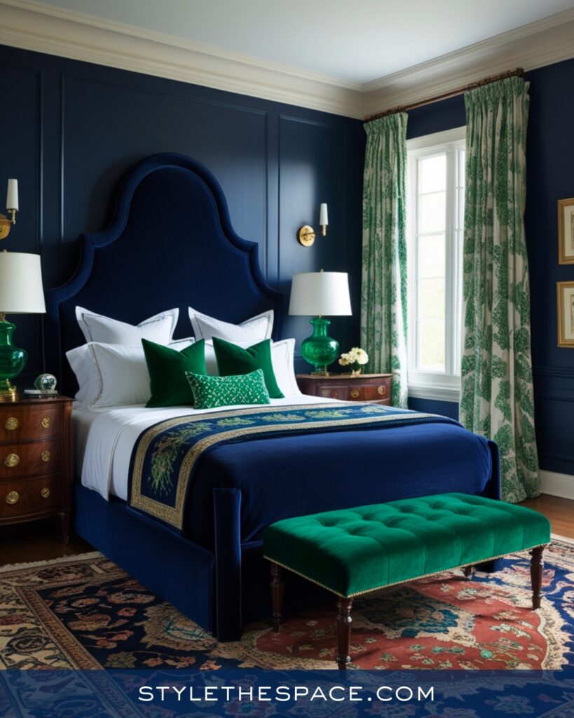 Navy Blue Bedroom with Emerald Green Accents