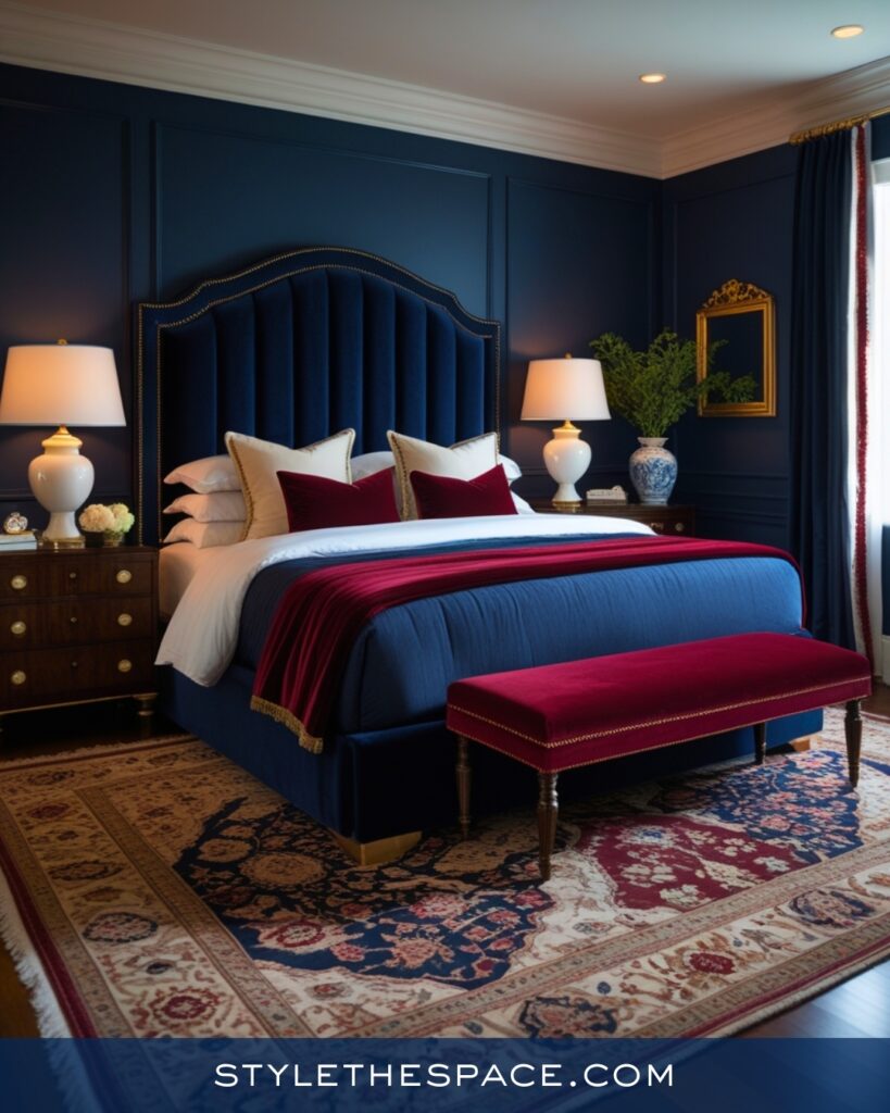 Navy Blue Bedroom with Burgundy and Gold Details