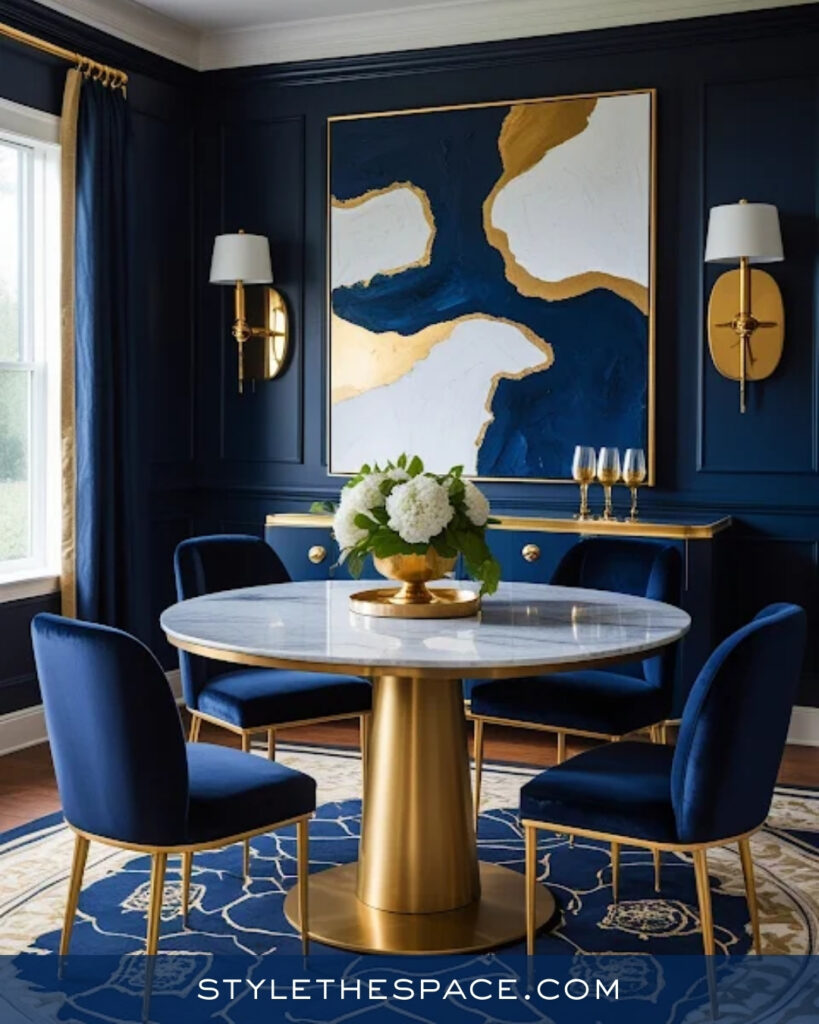 Navy Blue Dining Room with Gold Accents