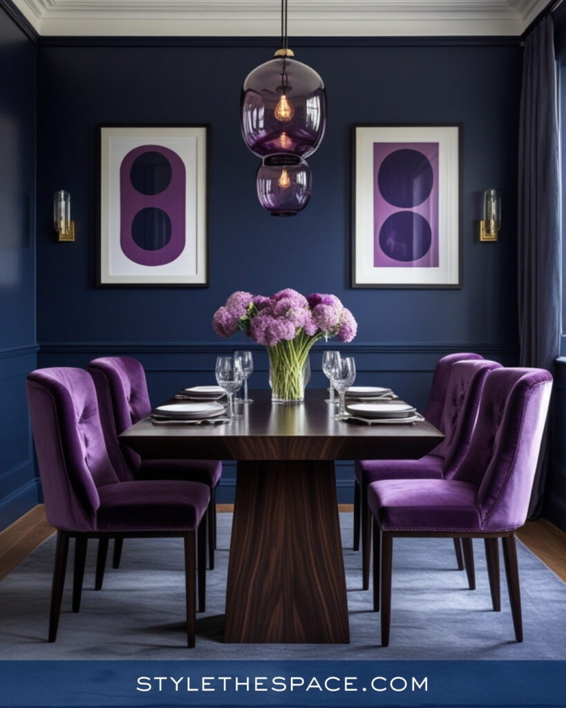 Navy Blue Dining Room with Plum Purple Accents
