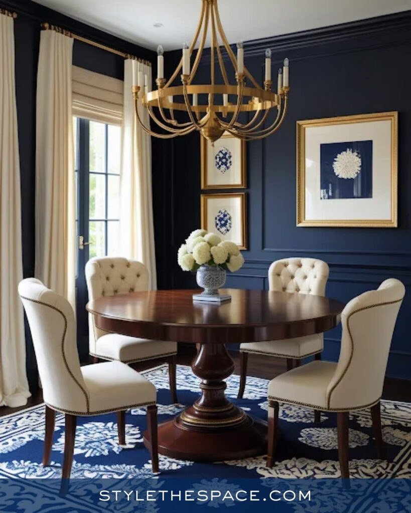 Classic Navy Blue Dining Room with Cream and Brass