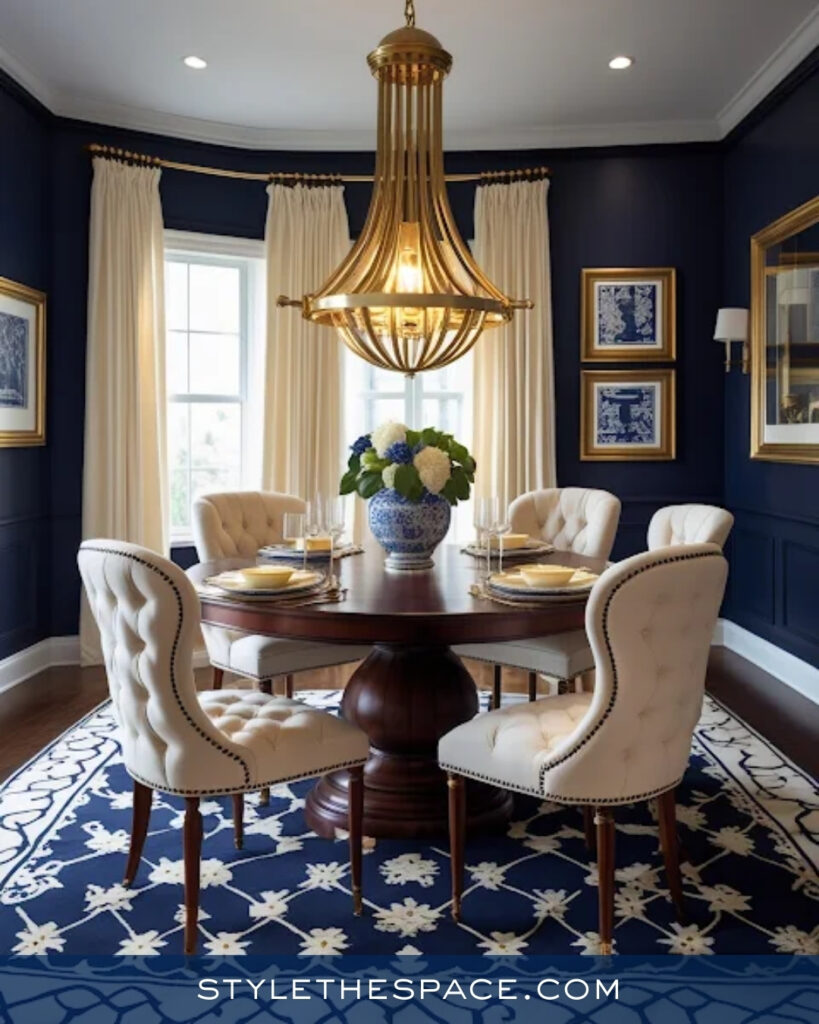 Classic Navy Blue Dining Room with Cream and Brass