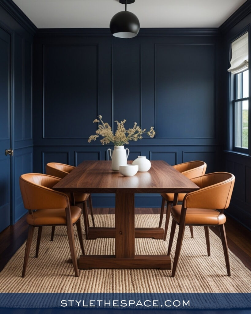Modern Navy Blue Dining Room with Warm Wood Accents