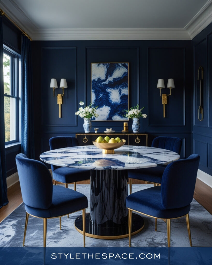 Elegant Navy Blue Dining Room with Marble and Brass