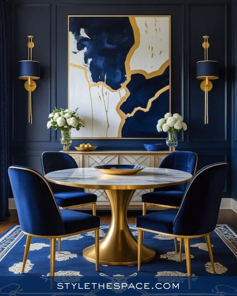Navy Blue Dining Room with Gold Accents