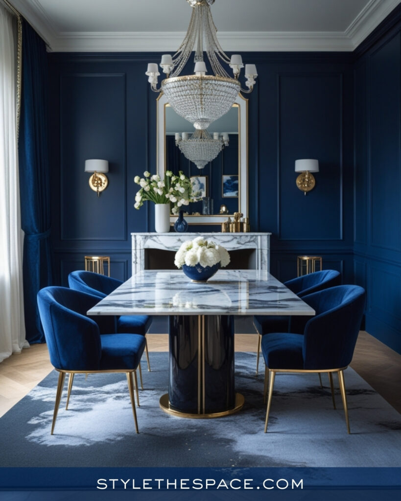 Elegant Navy Blue Dining Room with Marble and Brass