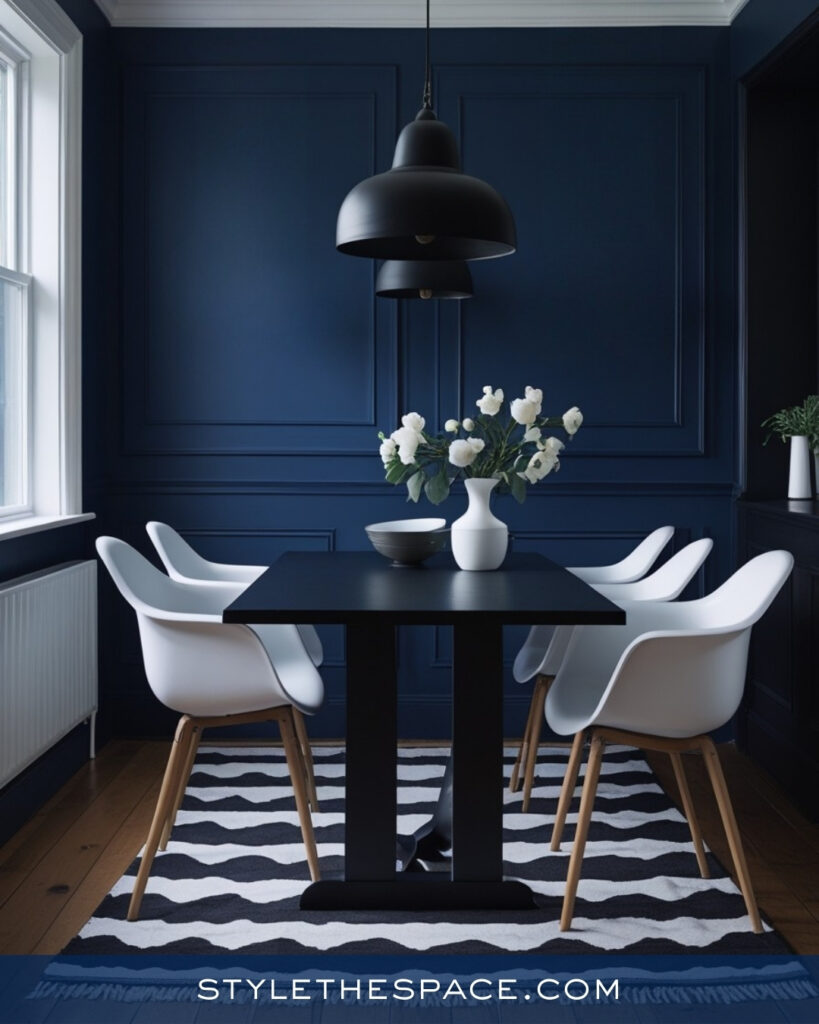 Minimal Navy Blue Dining Room with Black and White Contrast