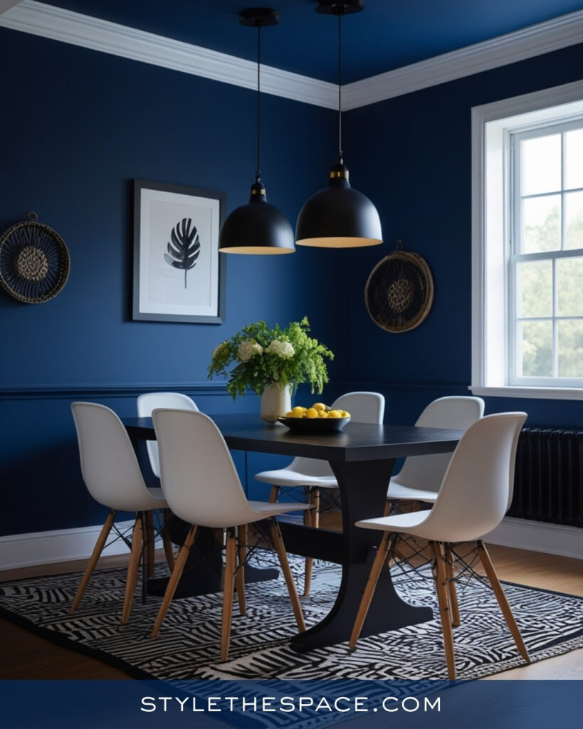 Minimal Navy Blue Dining Room with Black and White Contrast