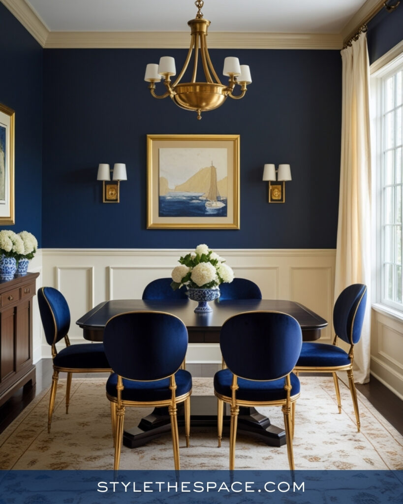 Classic Navy Blue Dining Room with White and Gold