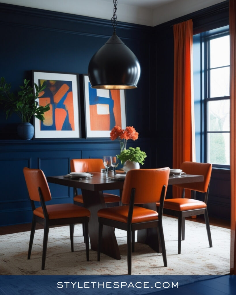 Navy Blue Dining Room with Burnt Orange Accents